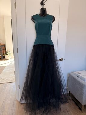 Nha khanh new Teal Peplum Bodice with Black Tulle Skirt Evening Gown